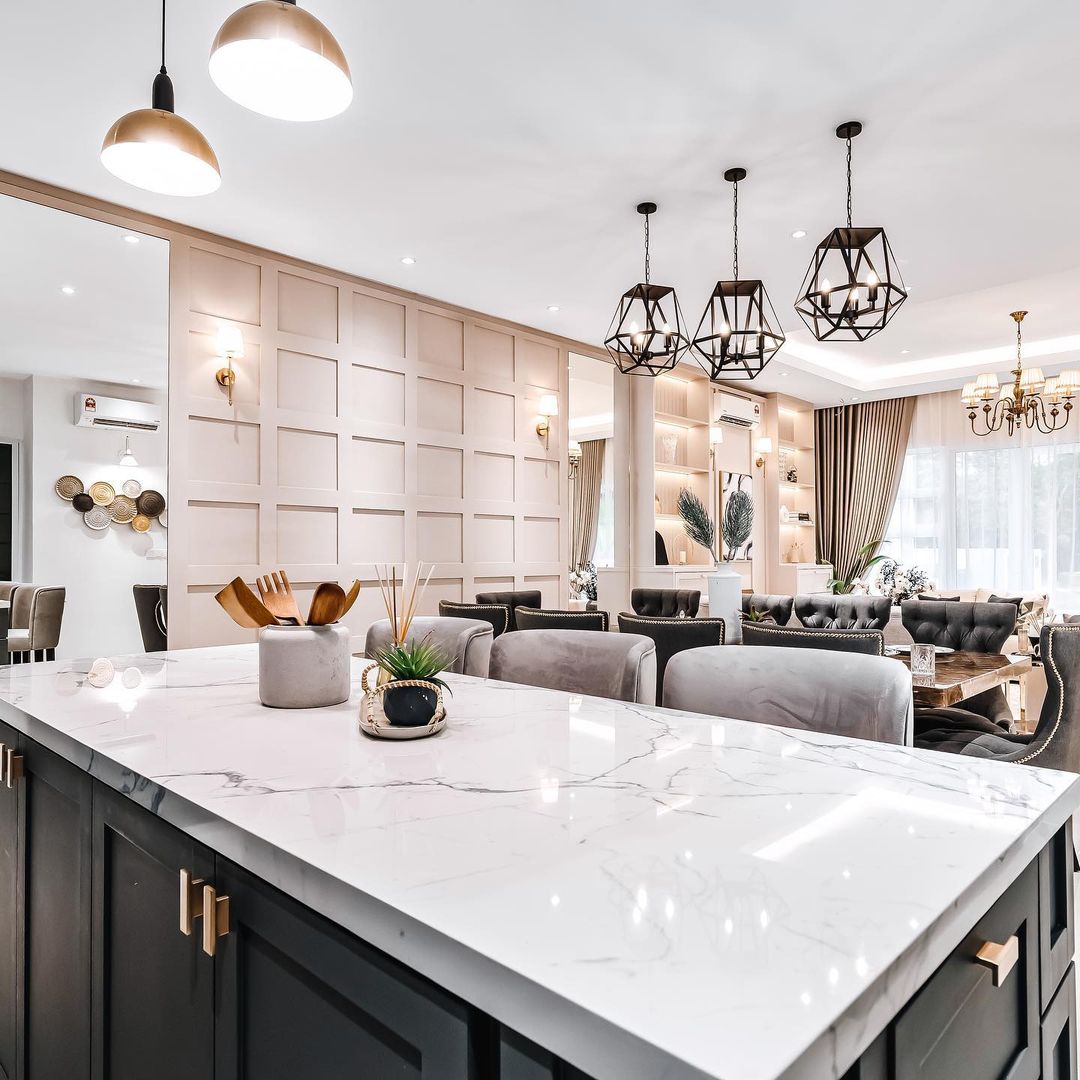 dining area overlooking a nice living room design by IDW