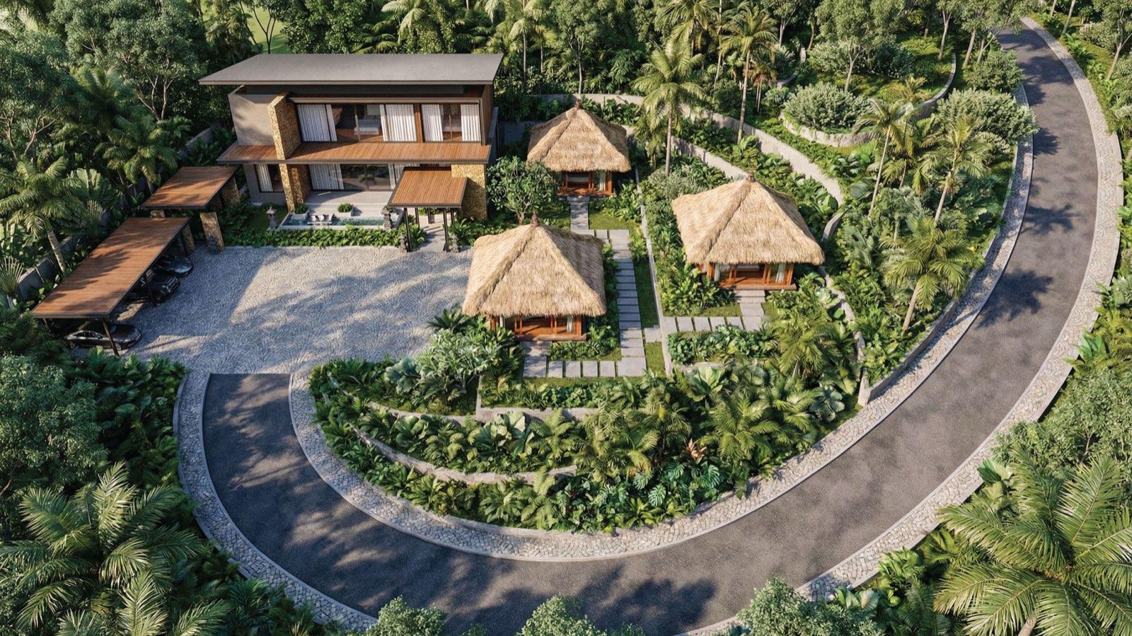 Aerial view of Anyara Hill, a tropical modern villa with three thatched guest pavilions