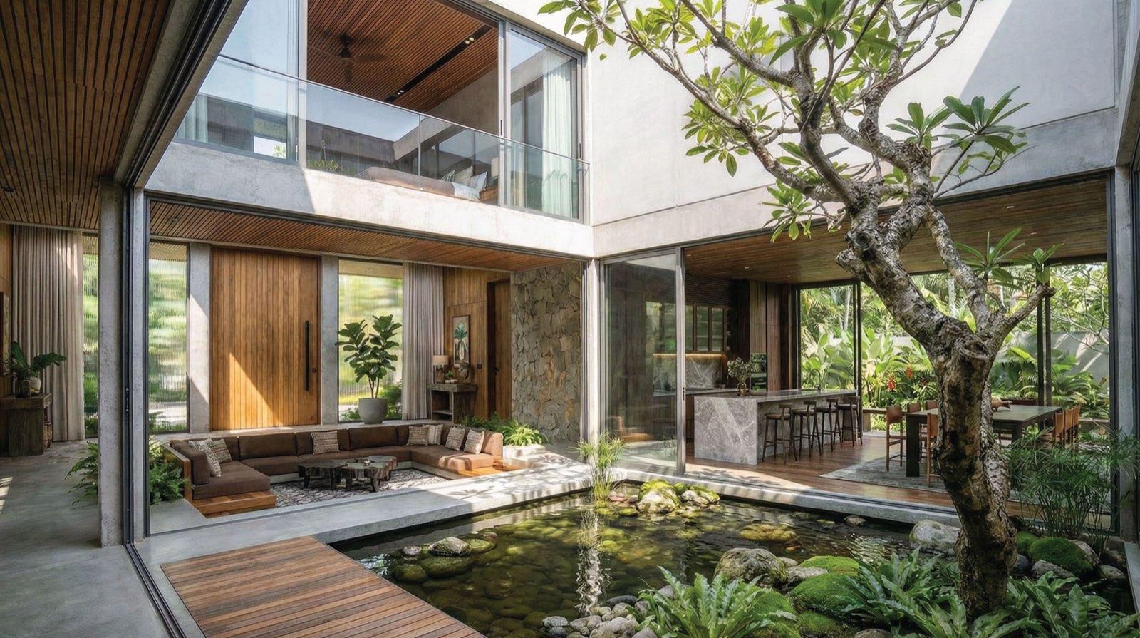 Double-height courtyard at Anyara Hill with a frangipani tree over the koi pond