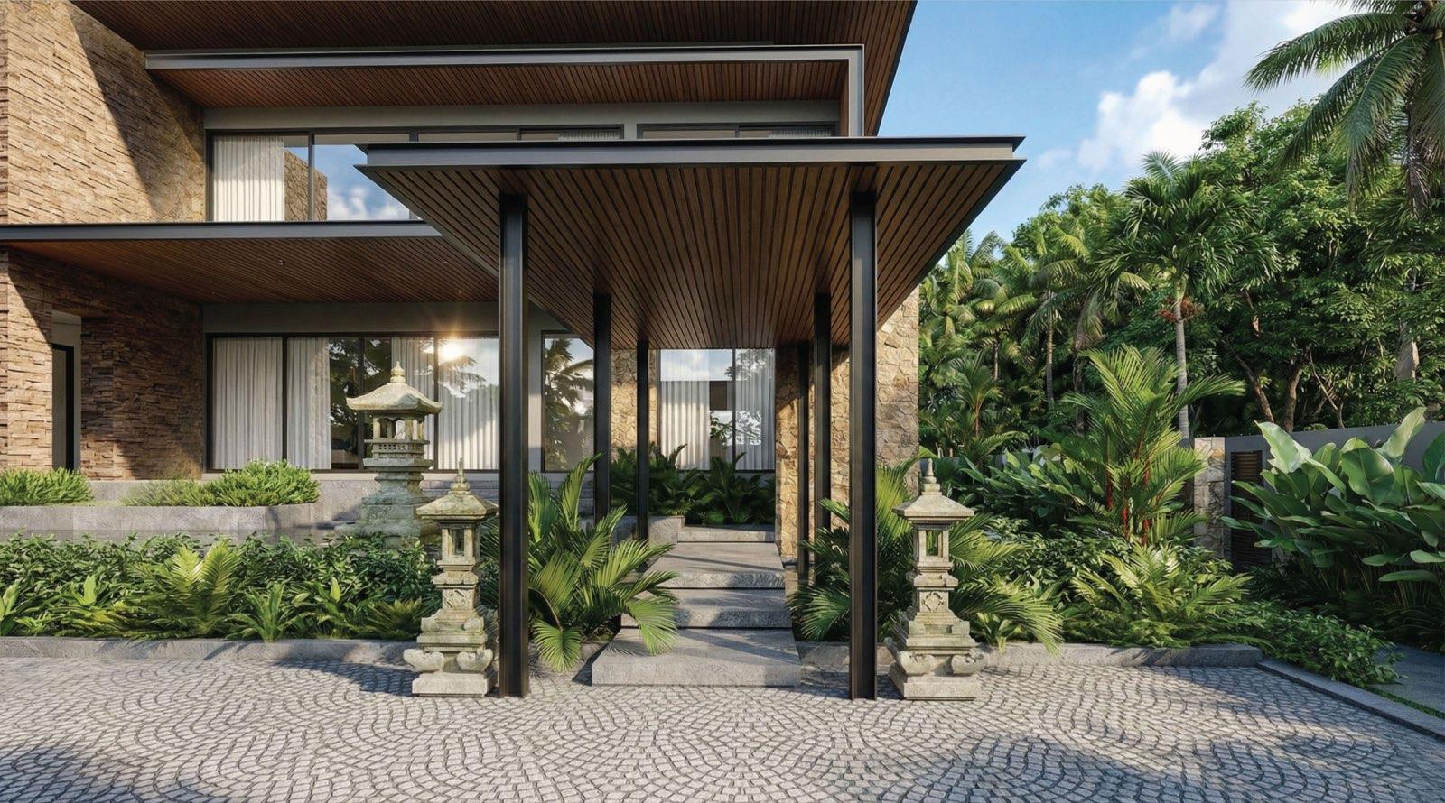 Stepping-stone approach to the Anyara Hill entrance under a timber-lined canopy