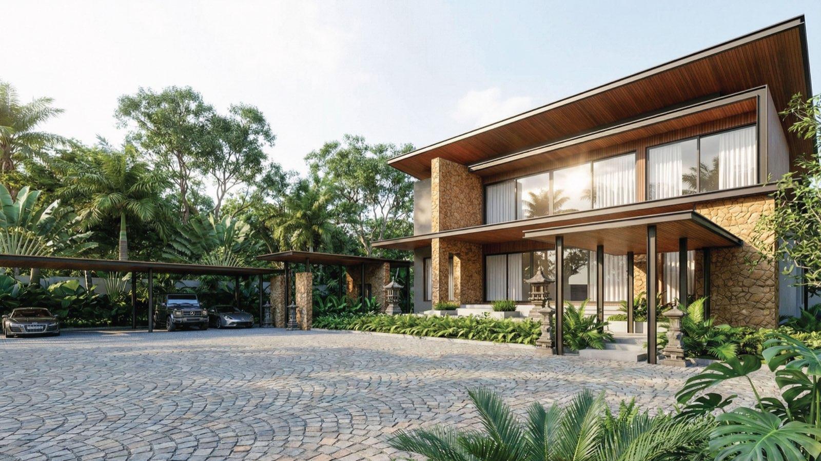 Front elevation of Anyara Hill with stone-clad piers, timber soffits and a cobblestone motor court