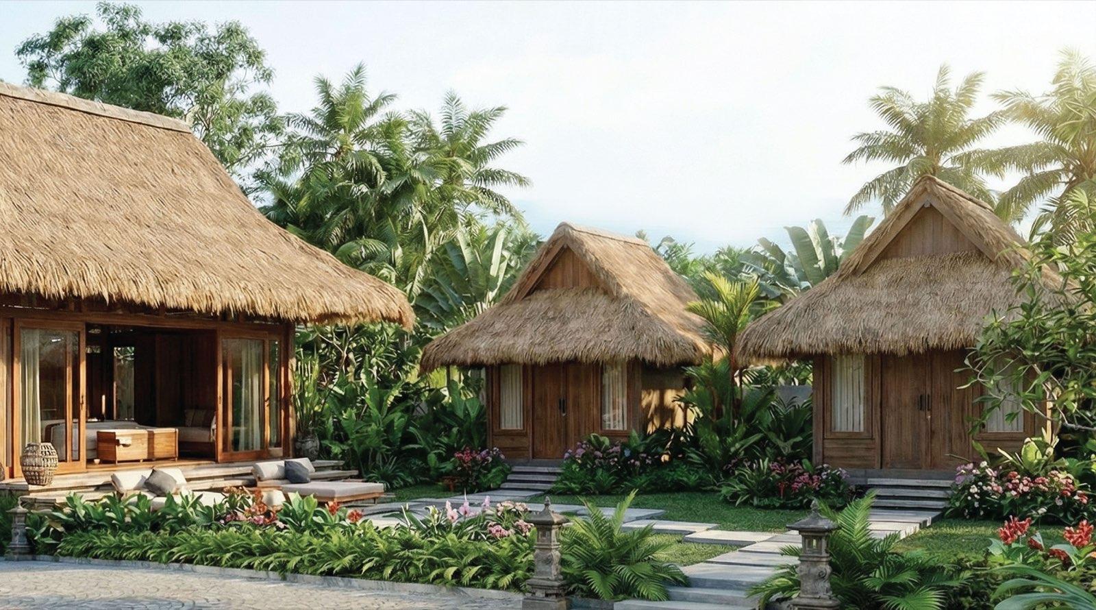 Three alang-alang thatched guest bales in the garden at Anyara Hill