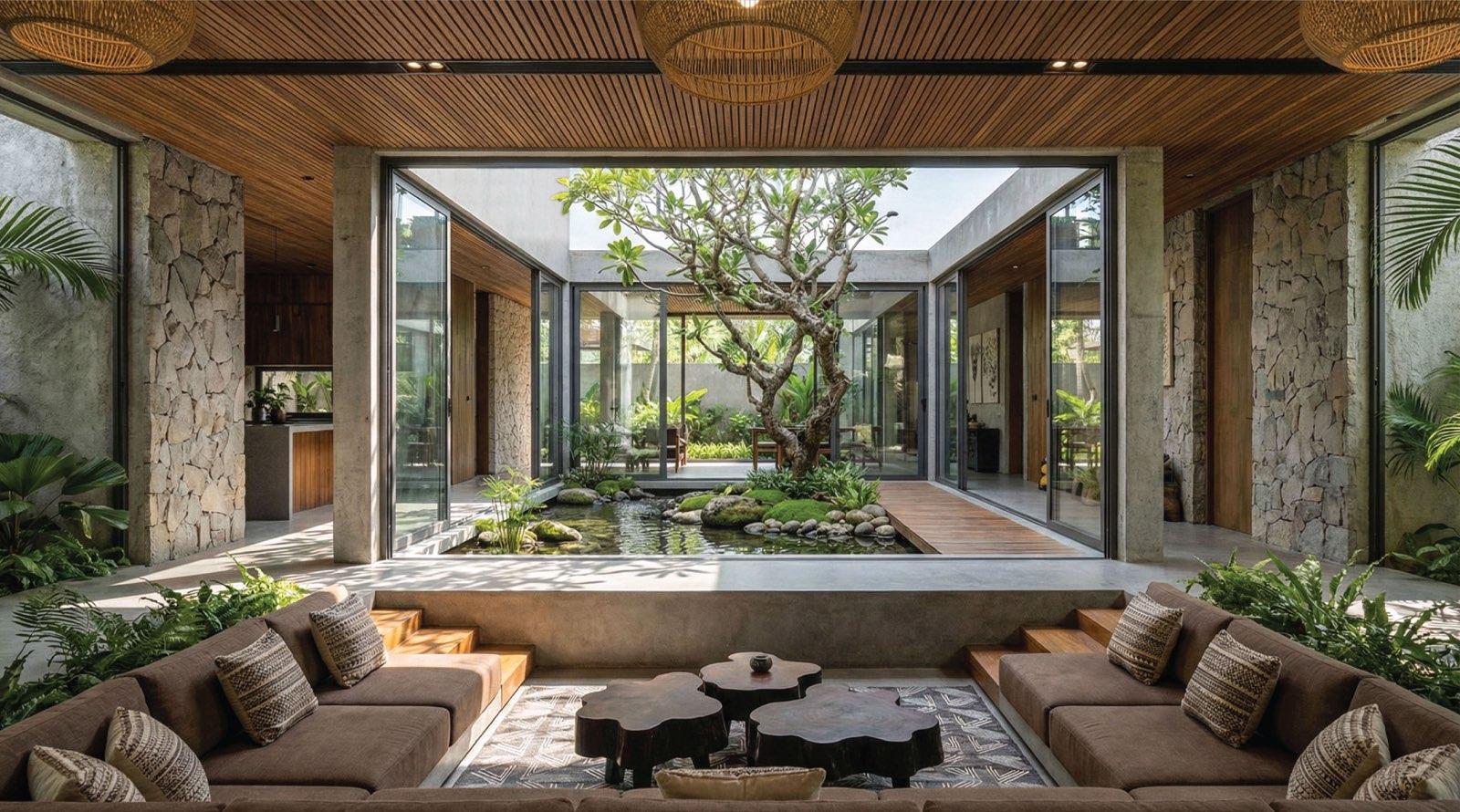 Sunken living room at Anyara Hill opening onto the planted courtyard and koi pond