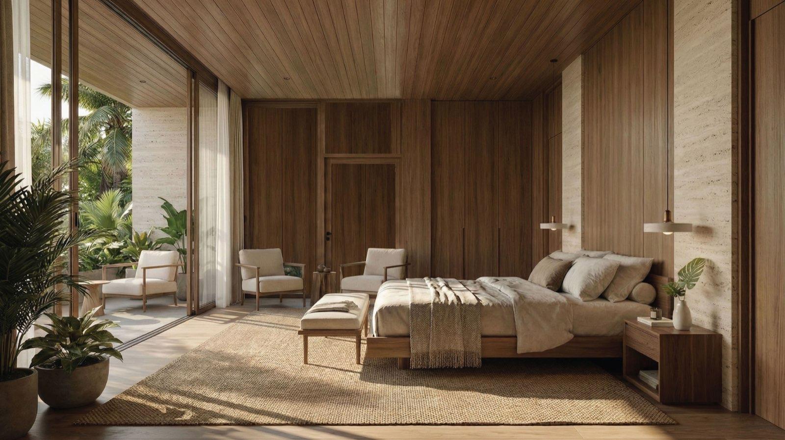 Master bedroom at Anyara Hill in timber panelling and travertine, opening to a private terrace