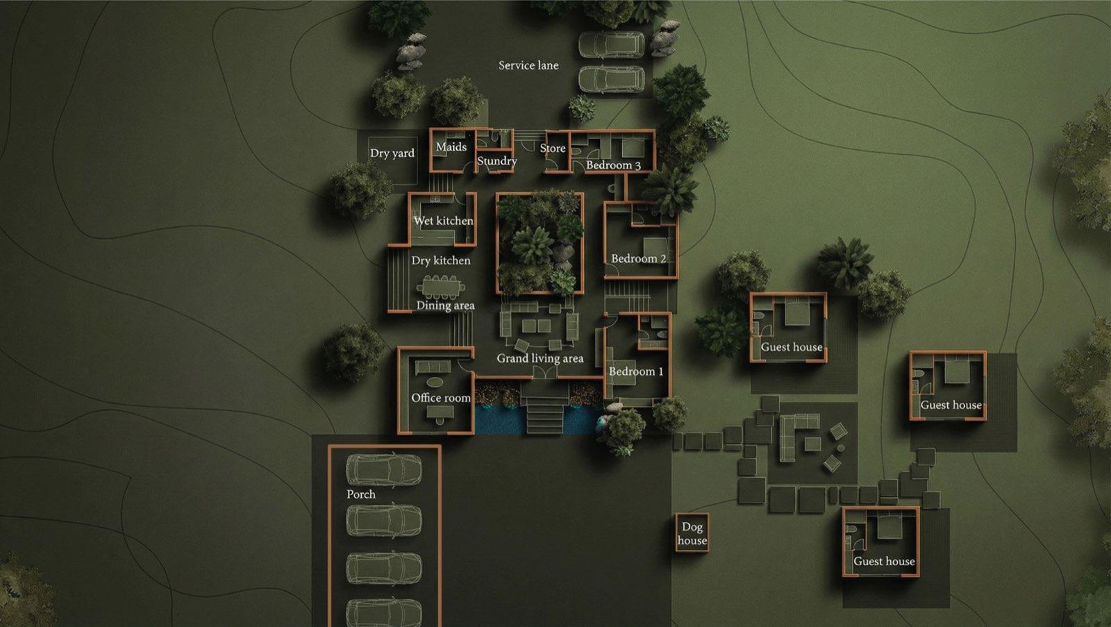 Annotated ground-floor site plan of Anyara Hill showing the living, dining, kitchens, three bedrooms, porch and guest houses around a central courtyard