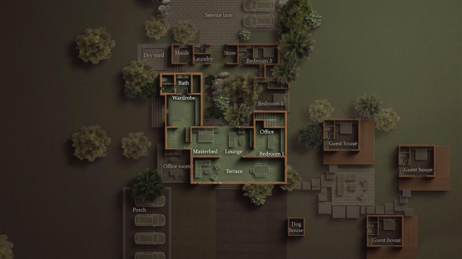Annotated upper-floor plan of Anyara Hill showing the master bedroom, wardrobe, bath, lounge, office and terrace