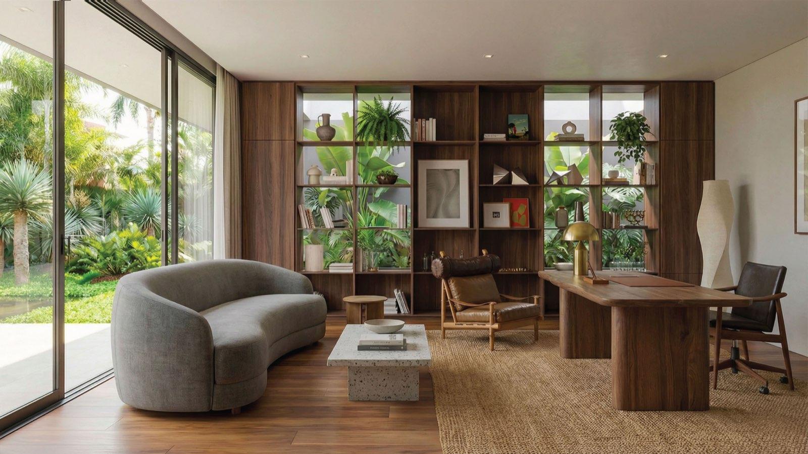 Walnut-lined study at Anyara Hill