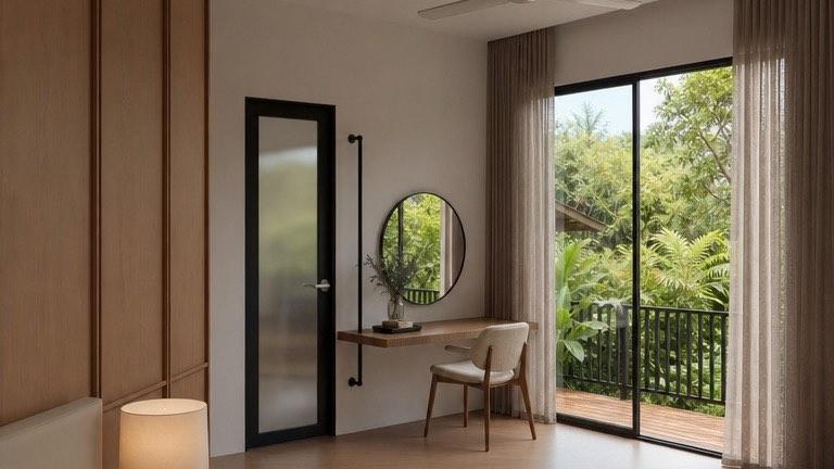 Bedroom at the Bangi house with a slim desk and sliding doors to a planted balcony