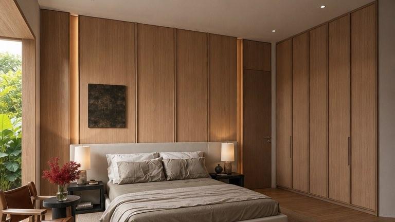 Timber-panelled bedroom at the Bangi house with a full wardrobe wall