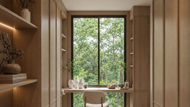 Walk-in wardrobe at the Bangi house with a window desk and lit oak joinery