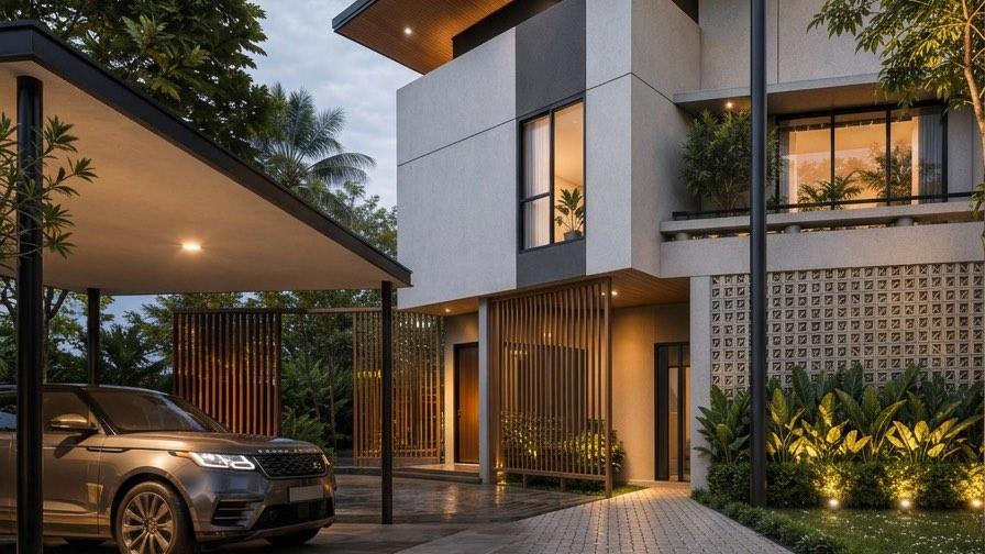 Two-storey Bangi house at dusk with a cantilevered timber soffit, breeze-block screen wall and covered carport