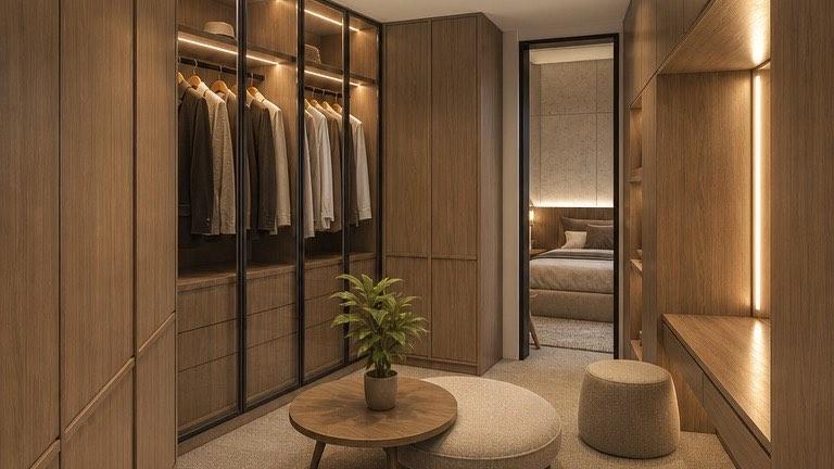 Walk-in wardrobe at the Bangi house with glazed hanging bays and a central ottoman