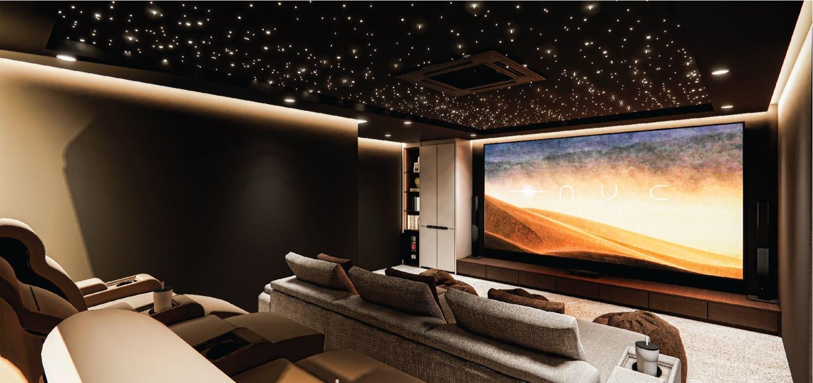 Home cinema of the Bukit Gambir residence with recliner seating under a fibre-optic star ceiling