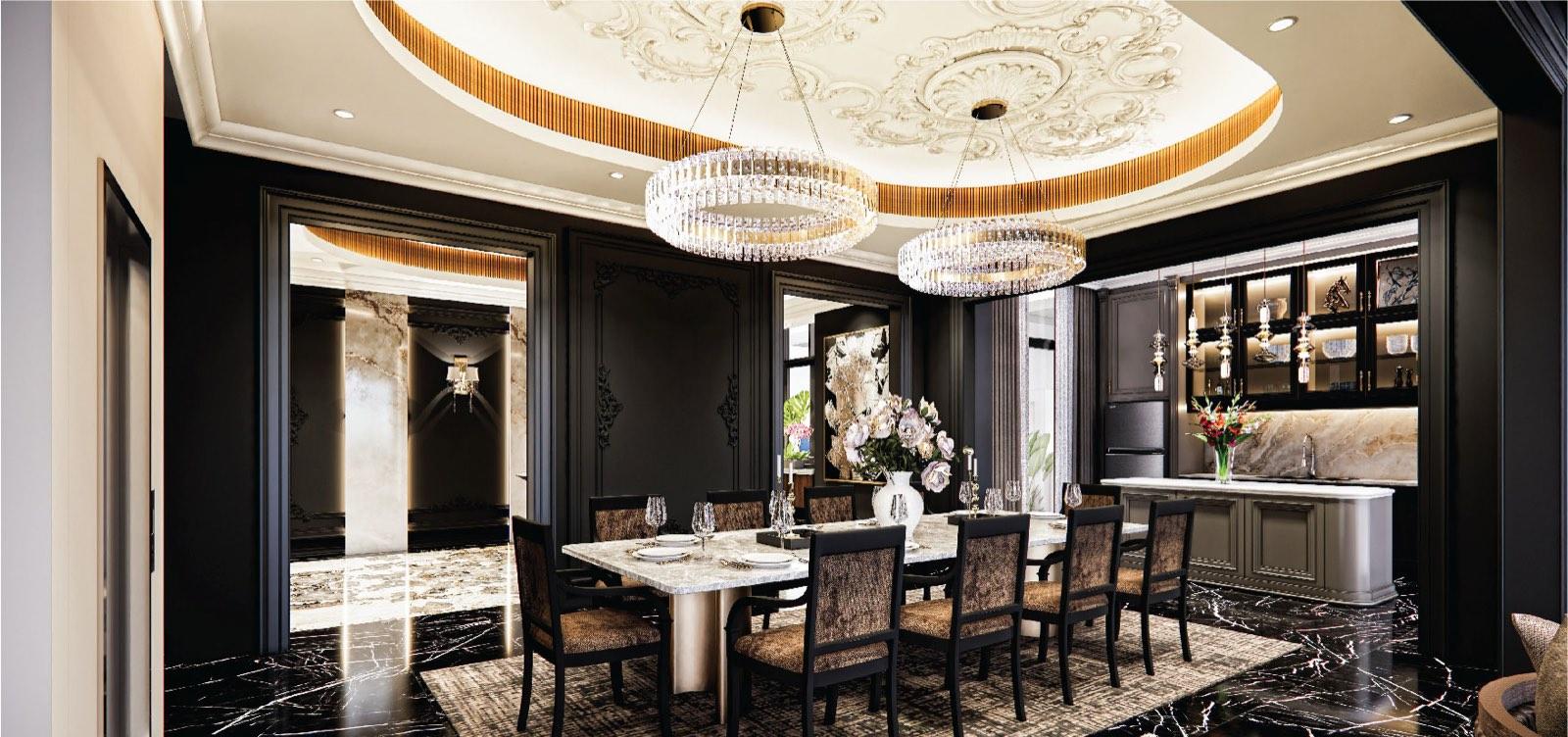 Formal dining room of the Bukit Gambir residence, a ten-seat marble table under twin crystal ring chandeliers and a sculpted plaster ceiling