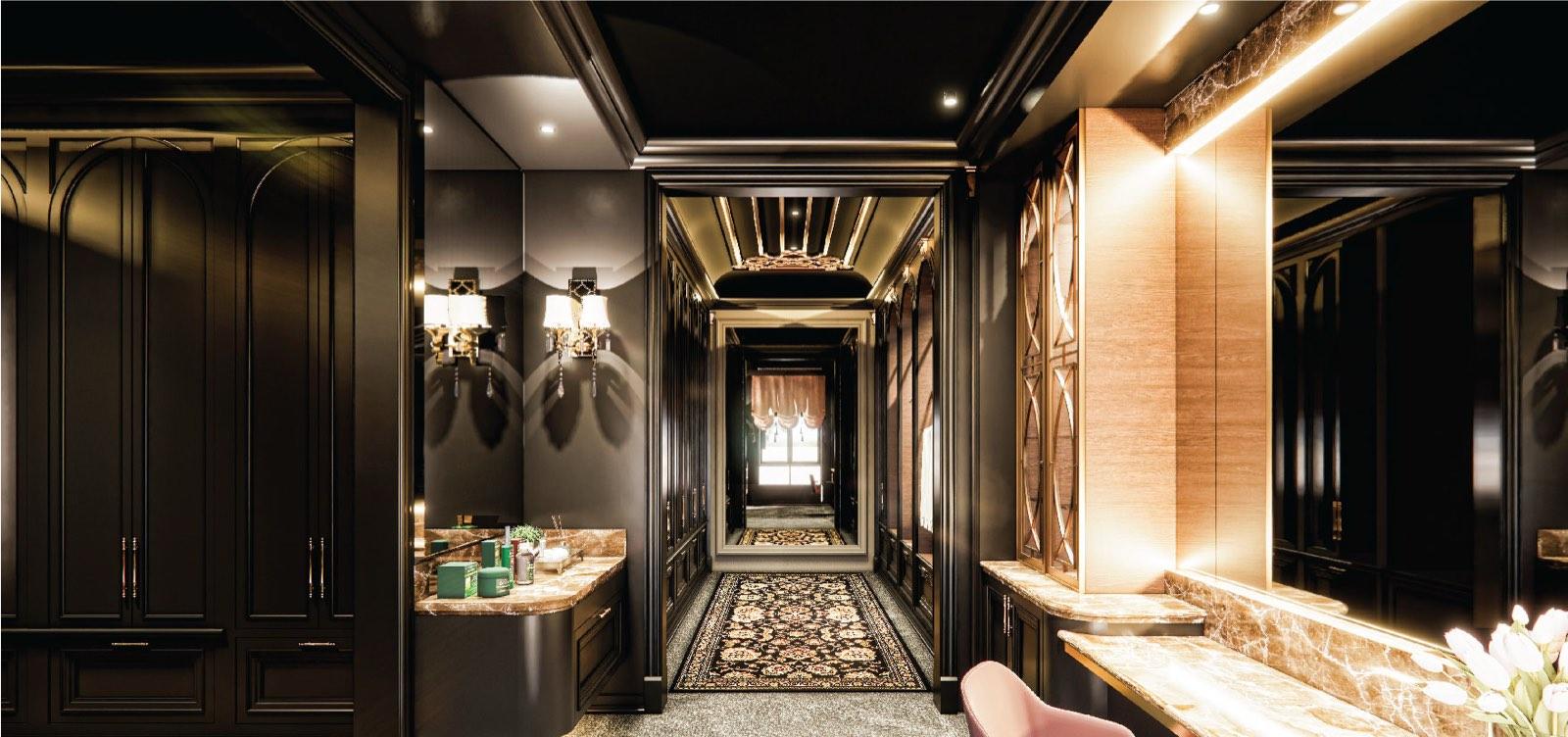 Dressing corridor of the Bukit Gambir residence with marble-topped vanities, sconce lighting and a runner rug leading to the window