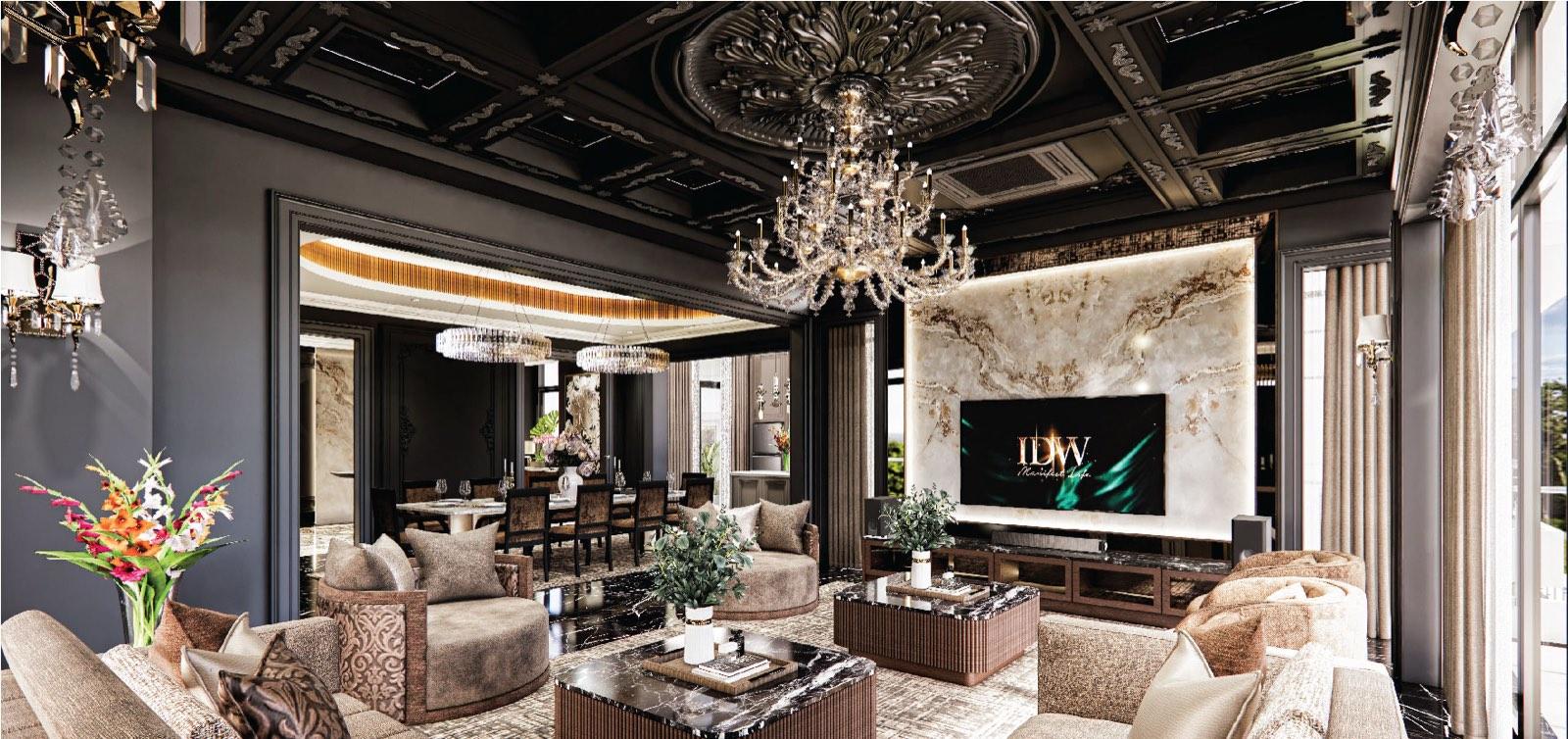 Formal living room of the Bukit Gambir residence with a black coffered ceiling, crystal chandelier and book-matched marble television wall