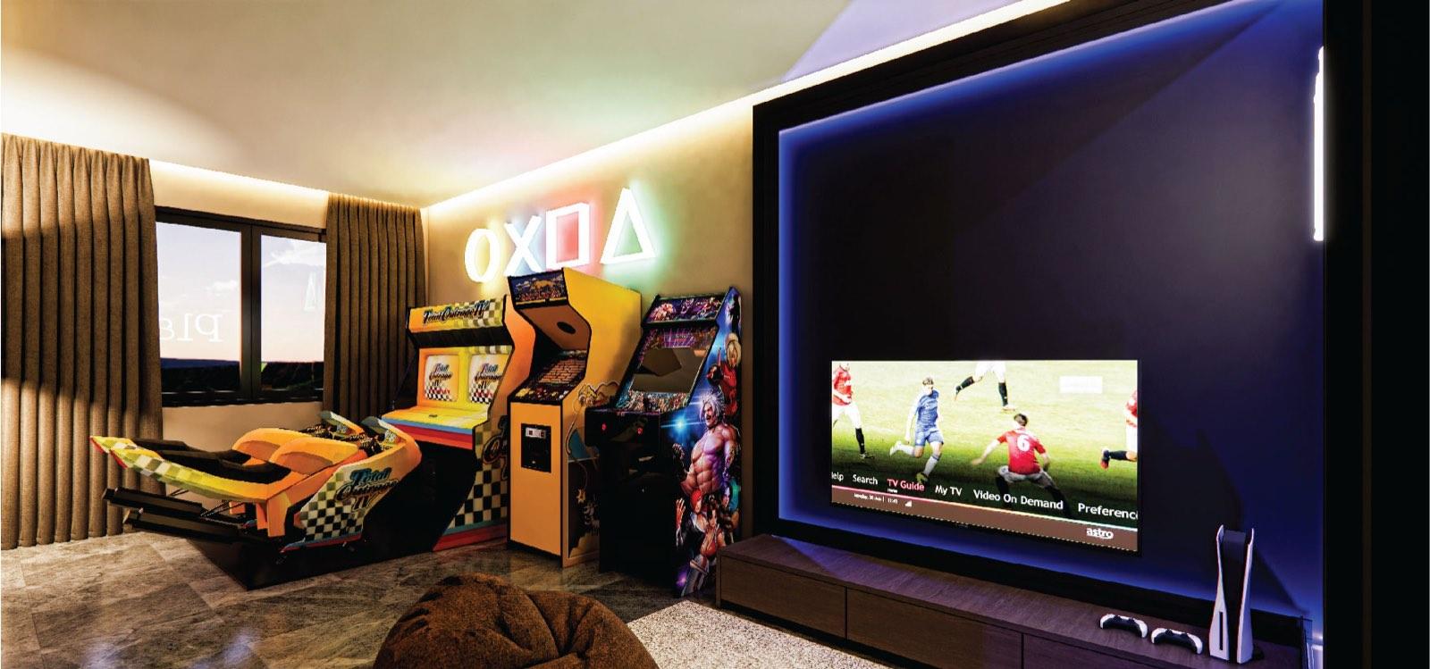 Games room of the Bukit Gambir residence with arcade cabinets, racing simulator rigs and neon signage beside the media wall