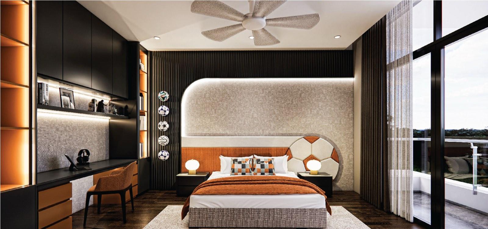 Football-themed bedroom at the Bukit Gambir residence with an orange and grey palette and a balcony to the garden
