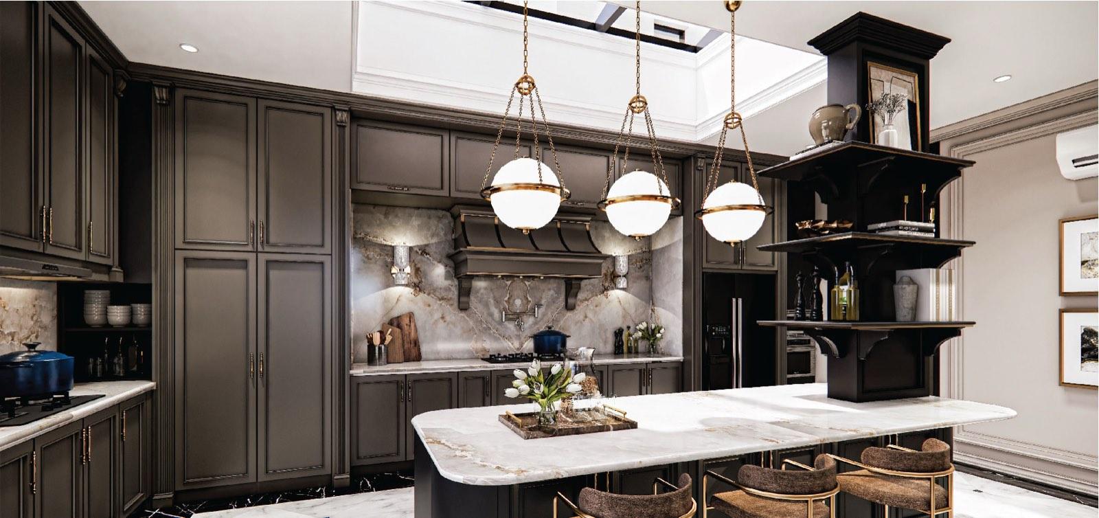 Kitchen of the Bukit Gambir residence under a skylight, with brass globe pendants, dark cabinetry and a marble-topped island