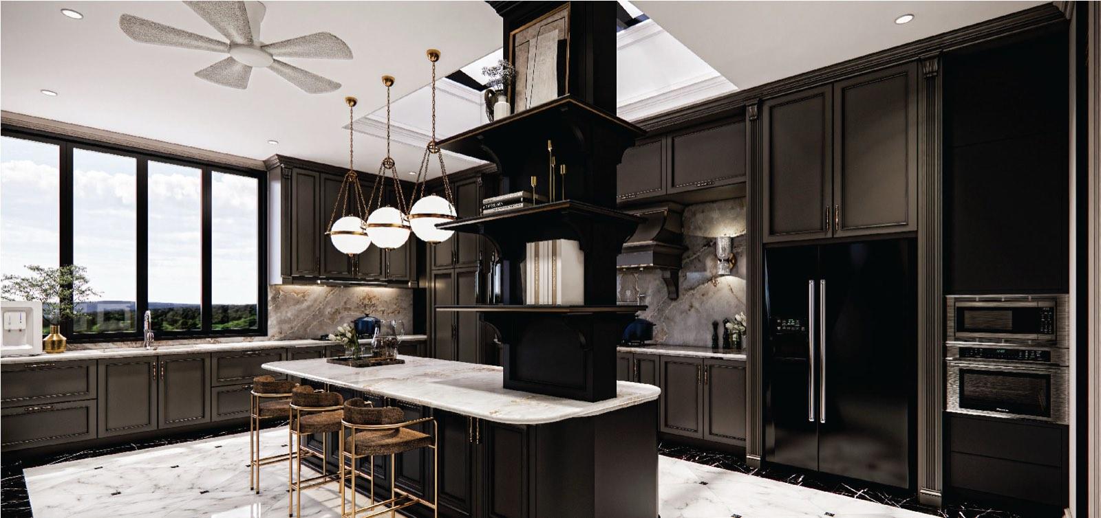 Kitchen of the Bukit Gambir residence with a long marble island, brass-framed stools and windows over the hills