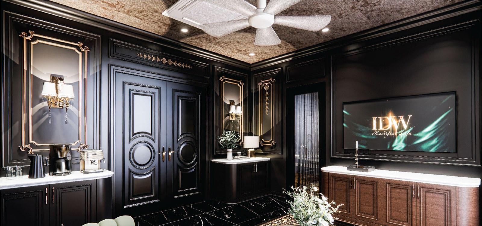 Private lounge of the Bukit Gambir residence in black panelling with a coffee station and marble-topped sideboards
