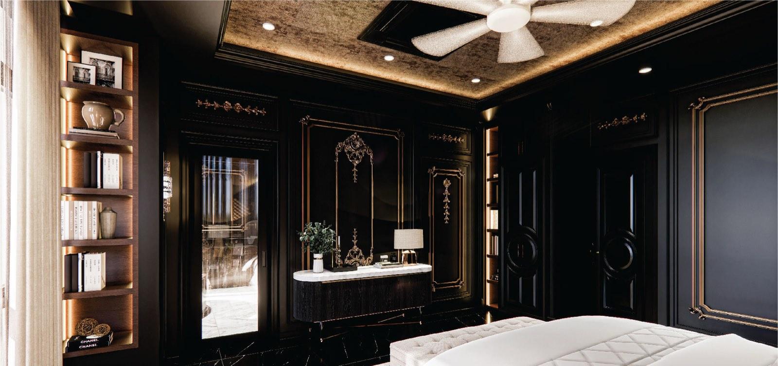 Dresser wall in the master bedroom of the Bukit Gambir residence, black panelling and gilt mouldings around a curved oak sideboard