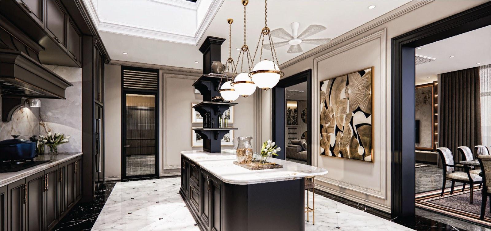Skylit pantry kitchen of the Bukit Gambir residence with a navy island, white marble floor and brass globe pendants