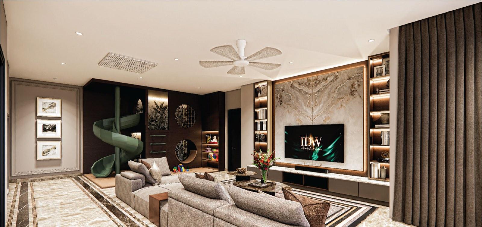 Family lounge of the Bukit Gambir residence with a spiral slide built into the joinery beside the marble media wall