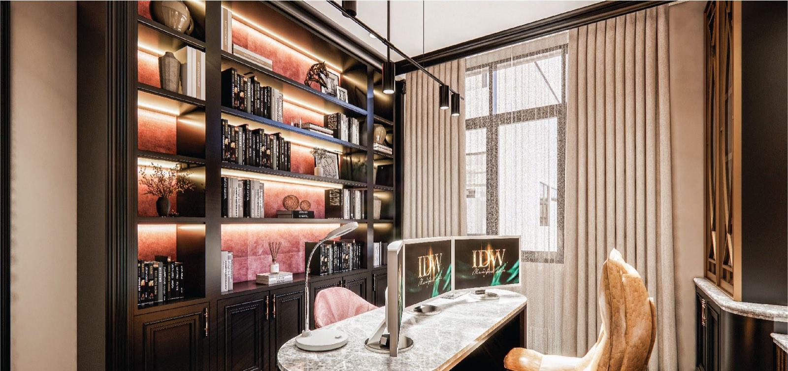 Study of the Bukit Gambir residence with velvet-backed shelving, a marble-topped desk and twin monitors by the window