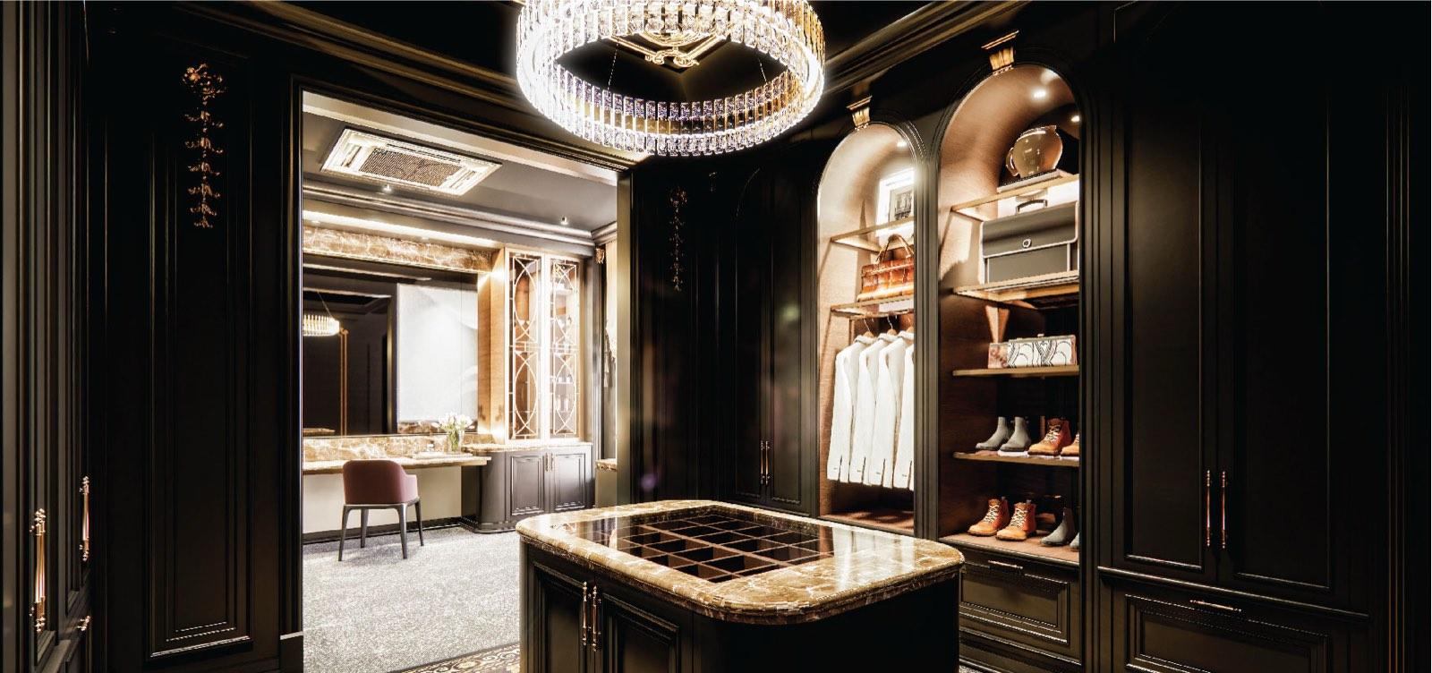 Vanity of the Bukit Gambir residence framed by brass fretwork display cabinets and a brown marble counter