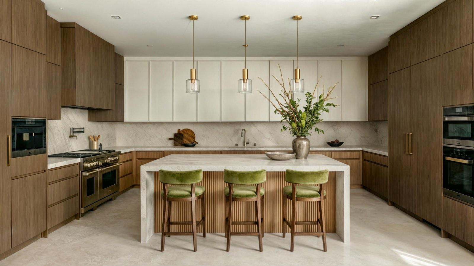Kitchen at the Dhaka Residence in oak and marble with green velvet stools and brass pendants