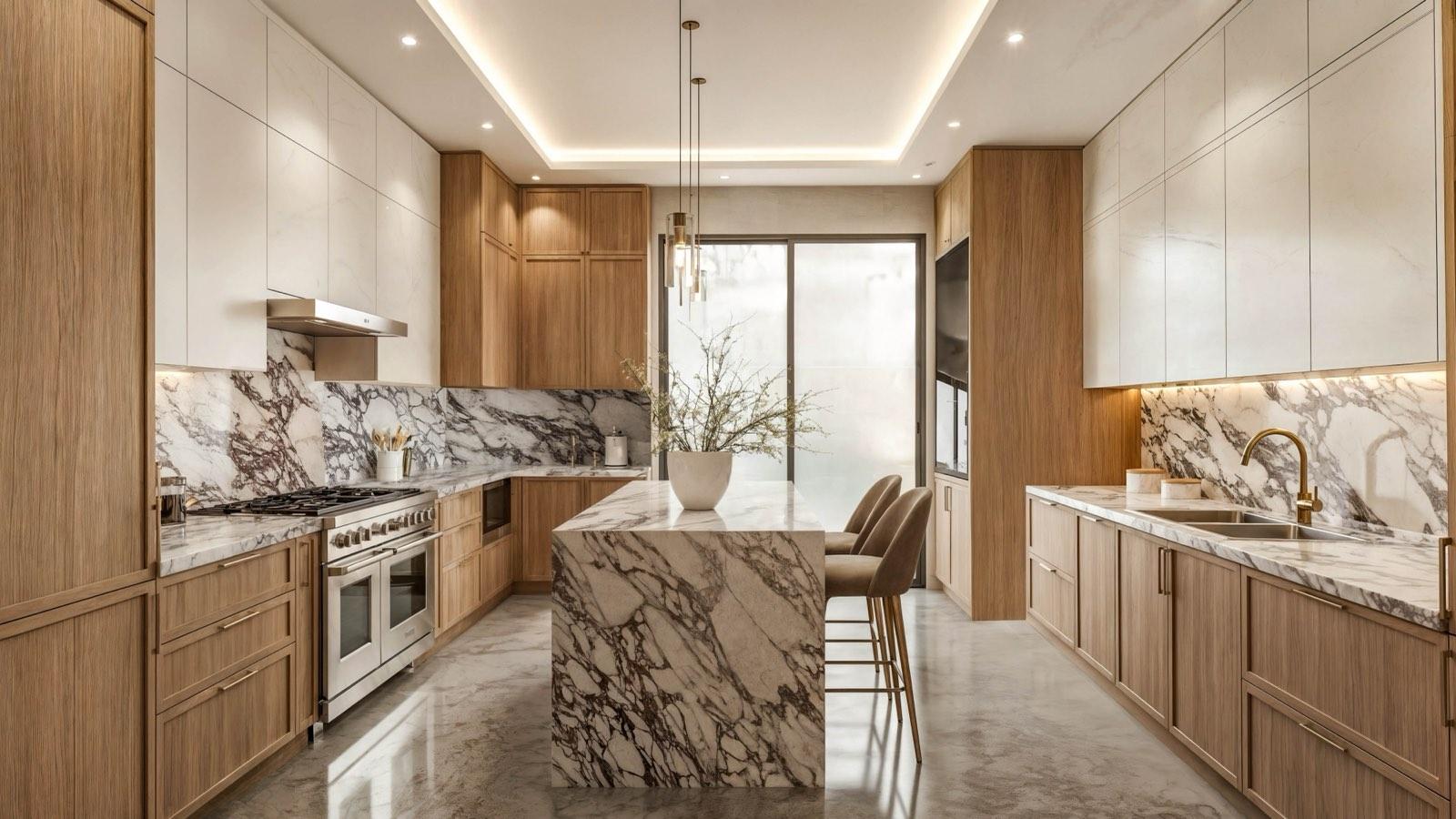 Kitchen at Embassy Unit 2 in oak and veined marble with a full-slab island