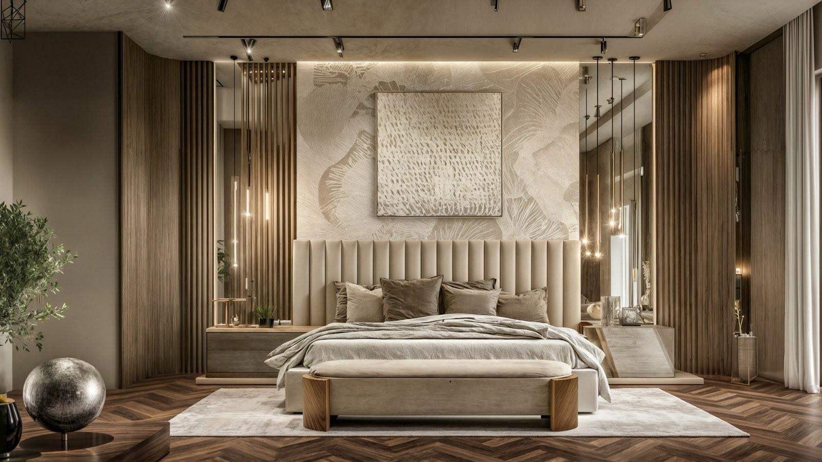 Master bedroom at Embassy Unit 2 with a fluted upholstered headboard against a hand-painted botanical wall