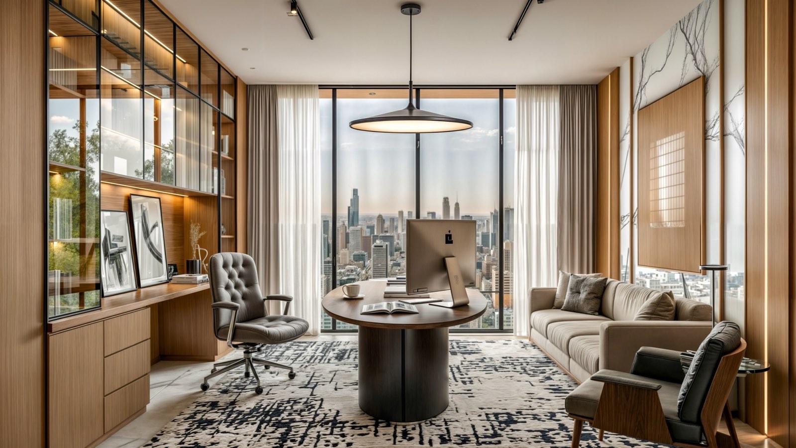 Study at Embassy Unit 2 with a glazed oak bookcase and a skyline view