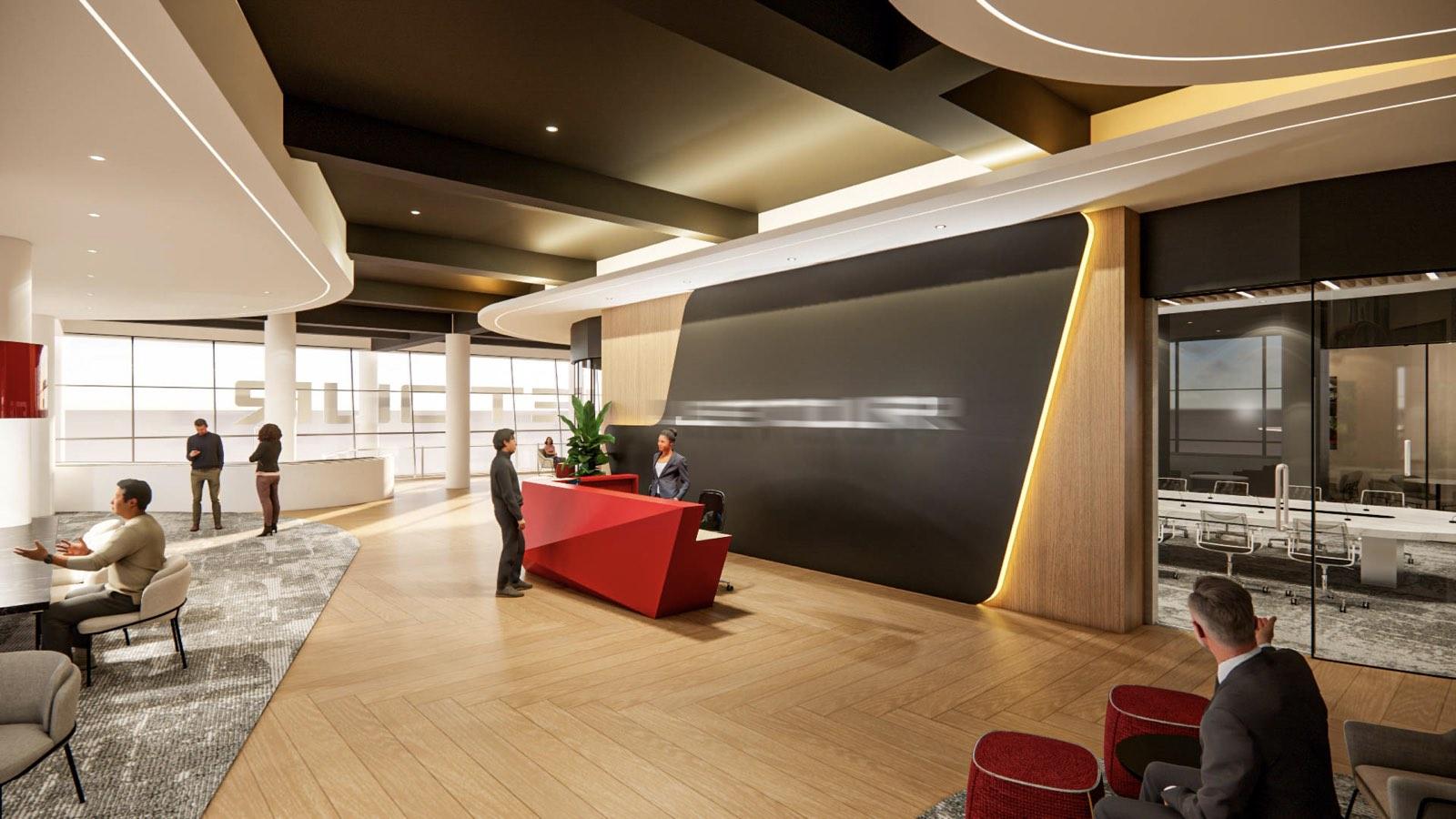 Reception at the Glenmarie Office with a red feature wall and herringbone oak floor