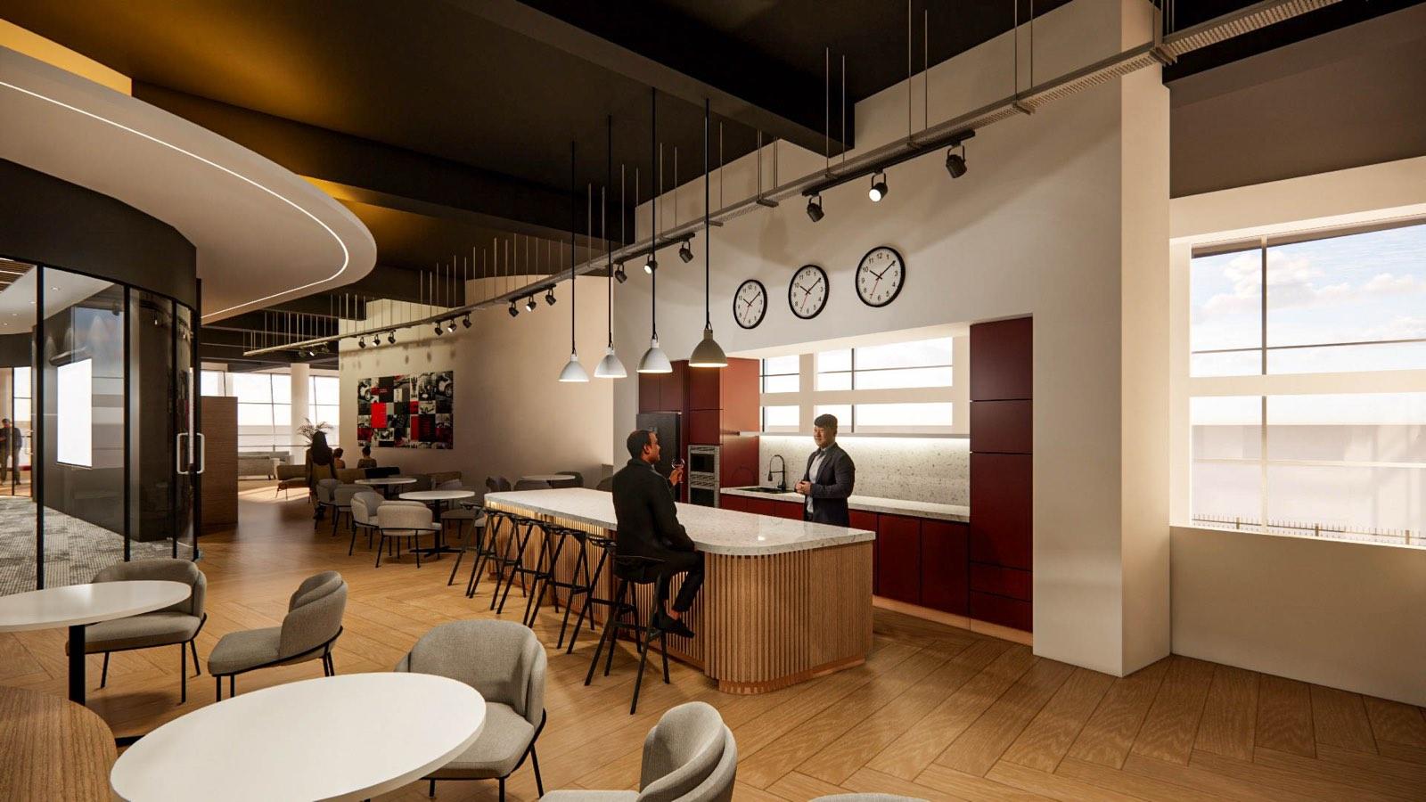 Pantry at the Glenmarie Office with a fluted-oak counter, world clocks and café seating