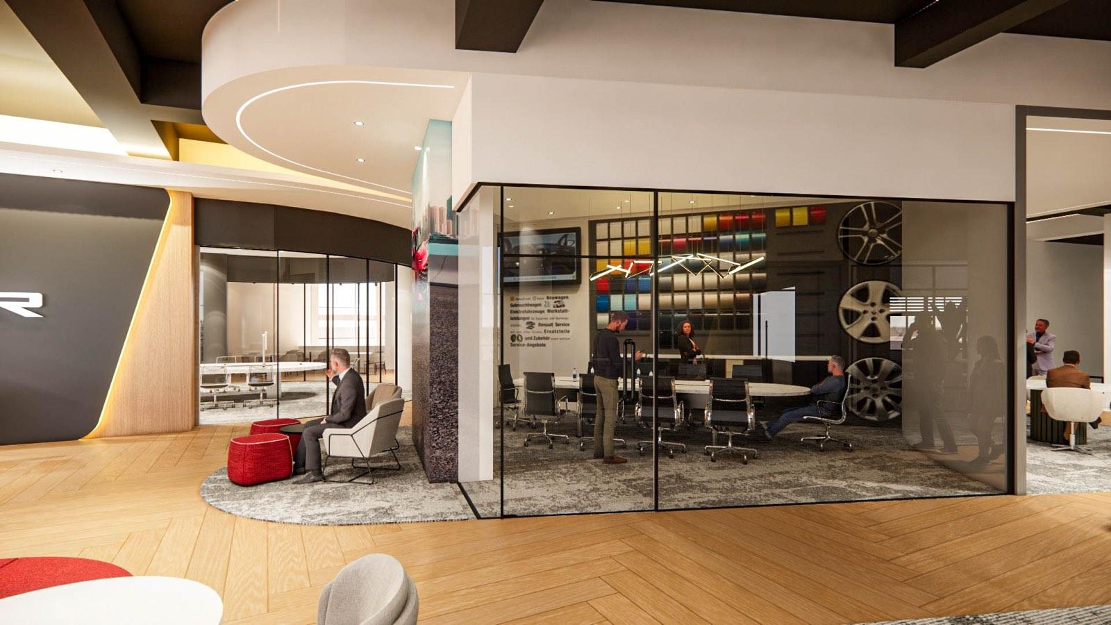 Curved glazed meeting rooms at the Glenmarie Office with colour-sample walls and wheel displays