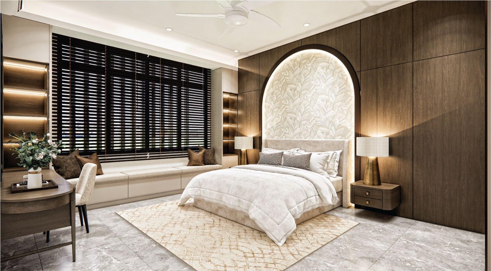 Bedroom of the Johor Bahru residence with a lit arched headboard alcove in patterned wallpaper and a cushioned window seat