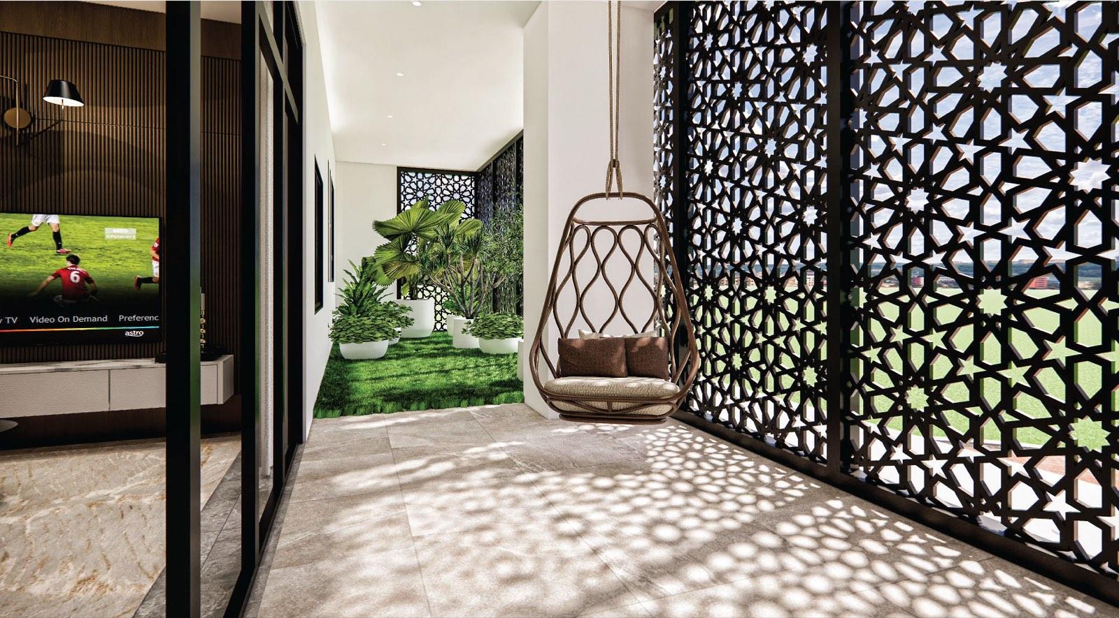 Screened balcony of the Johor Bahru residence, sunlight falling through the laser-cut mashrabiya onto a hanging rattan chair
