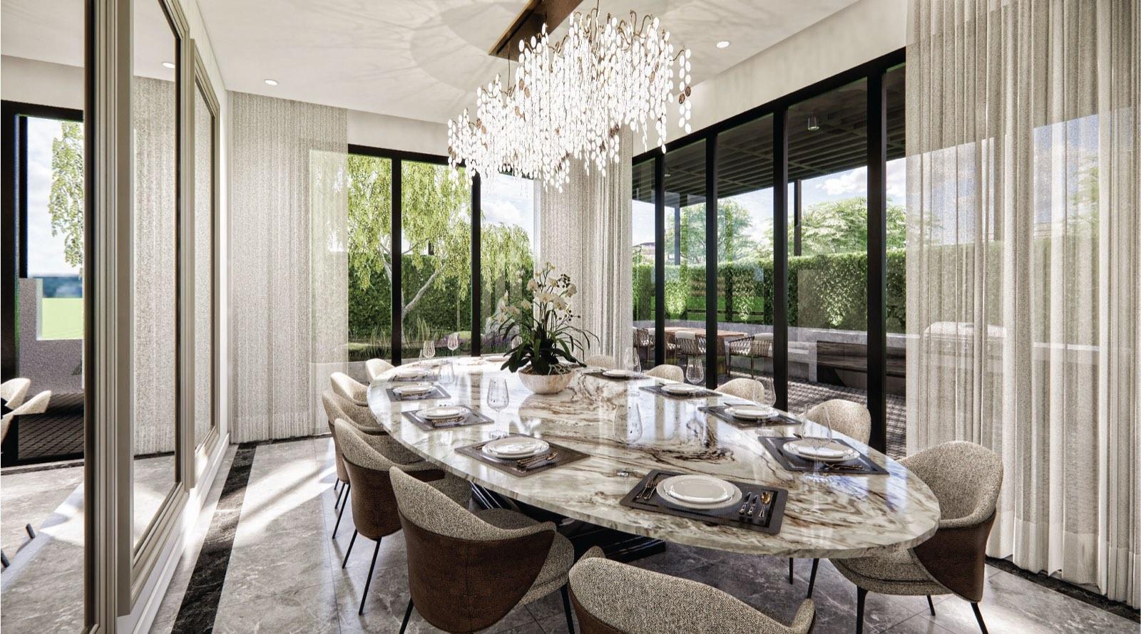 Dining room of the Johor Bahru residence, an oval marble table for ten under a blossom chandelier beside full-height glazing