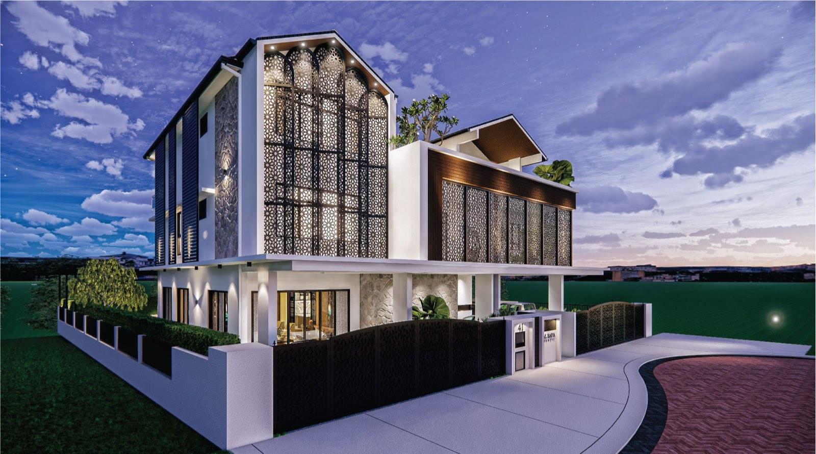 Corner view of the Johor Bahru residence at dusk, its arched stair tower and first floor wrapped in glowing laser-cut screens