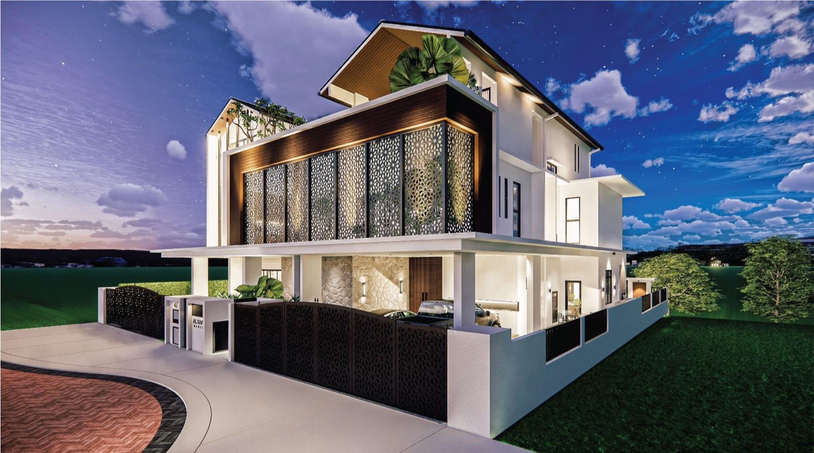 Side view of the Johor Bahru residence showing the screened first floor, stone-clad columns and gated driveway