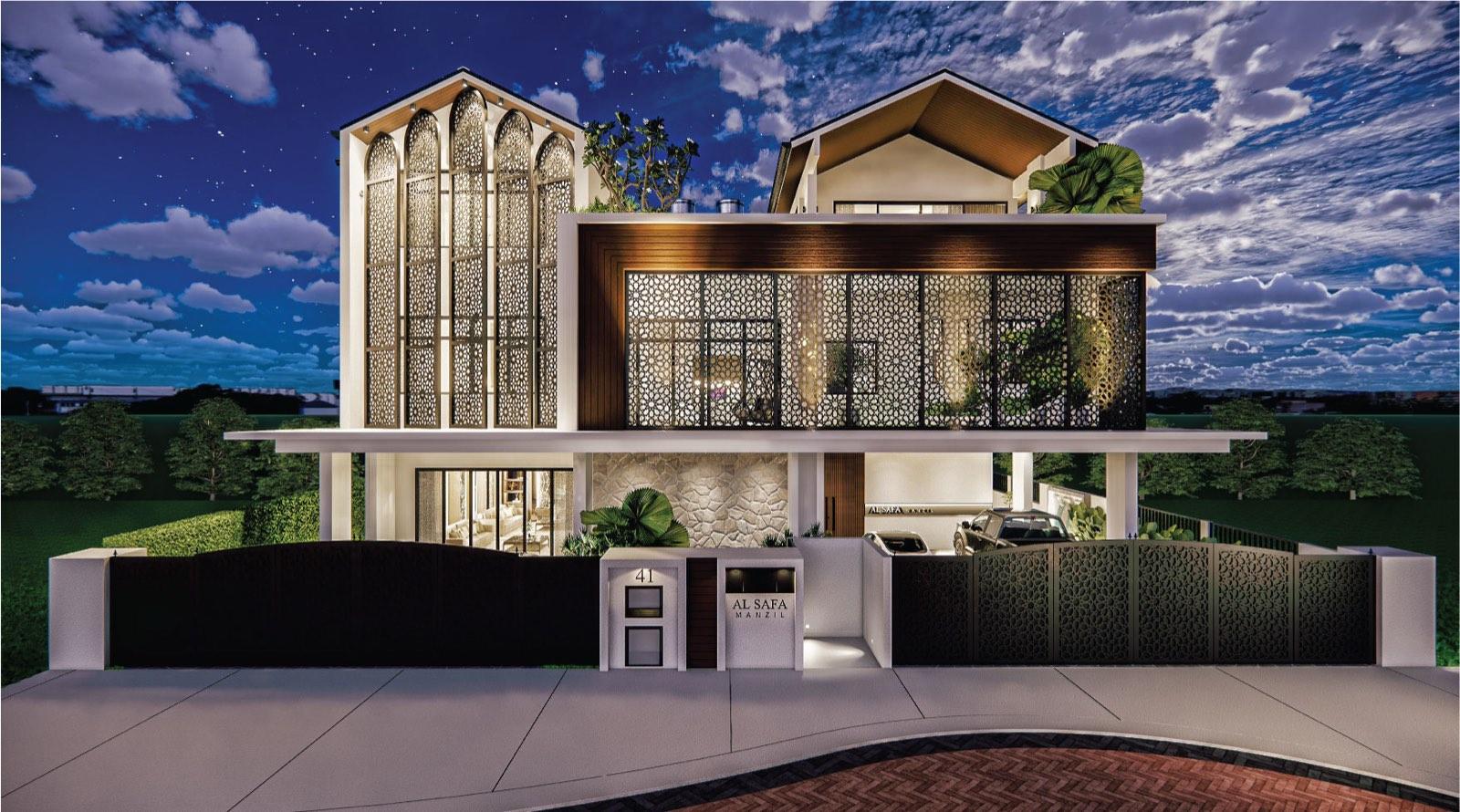 Front elevation of the Johor Bahru residence at night, mashrabiya screens lit from within under twin pitched roofs