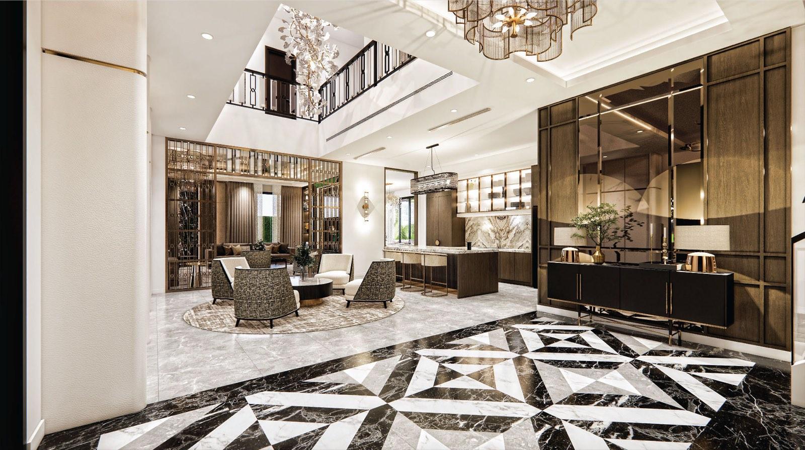 Double-height foyer of the Johor Bahru residence with a geometric black-and-white marble floor and mirrored walnut panelling