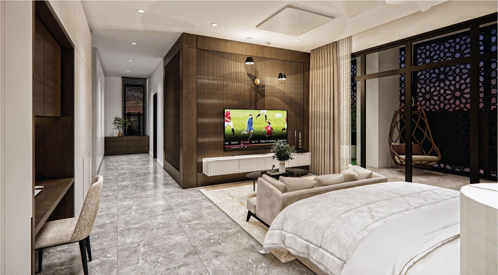 Master suite of the Johor Bahru residence, its walnut TV wall opening to a mashrabiya-screened balcony with a hanging chair