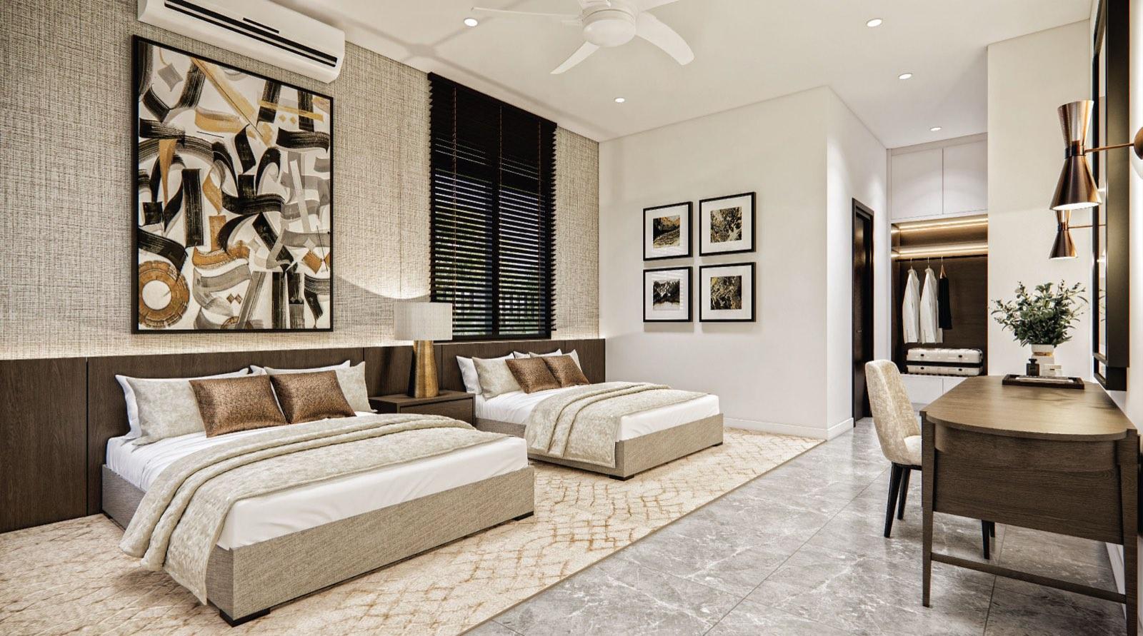 Twin bedroom of the Johor Bahru residence with a shared timber headboard wall and a walk-in wardrobe beyond