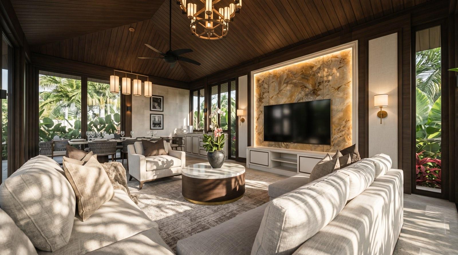 Inside the garden cabana at the KGSAAS house in Shah Alam, a dark timber ceiling over a lounge and dining space with a backlit onyx wall