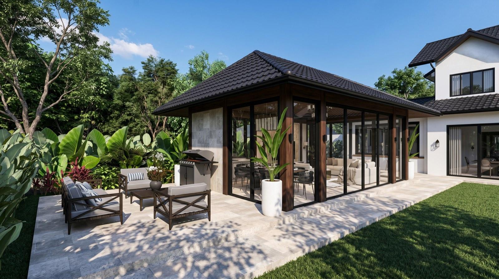 Timber-and-glass garden cabana at the KGSAAS house in Shah Alam with a barbecue and outdoor lounge on the terrace