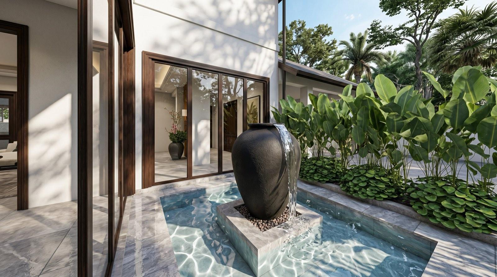 Stone urn water feature spilling into a reflecting pool beside the foyer glazing at the KGSAAS house in Shah Alam