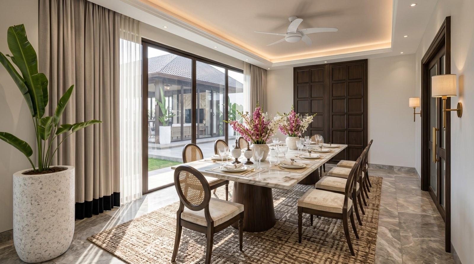 Formal dining room at the KGSAAS house in Shah Alam, a marble table and cane-back chairs looking out to the garden cabana